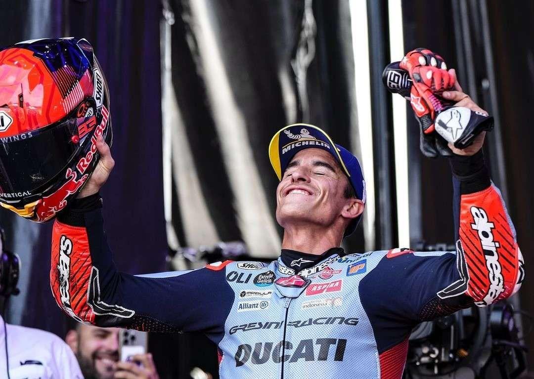 Marc Marquez saat merayakan kemenangan di MotoGP Aragon